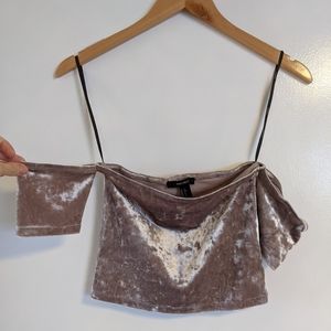 Cream crushed velvet off the shoulder crop top